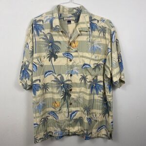 Tommy Bahama Shirt Mens L Yellow Silk Palm Tree Hawaiian Aloha Camp Tiki